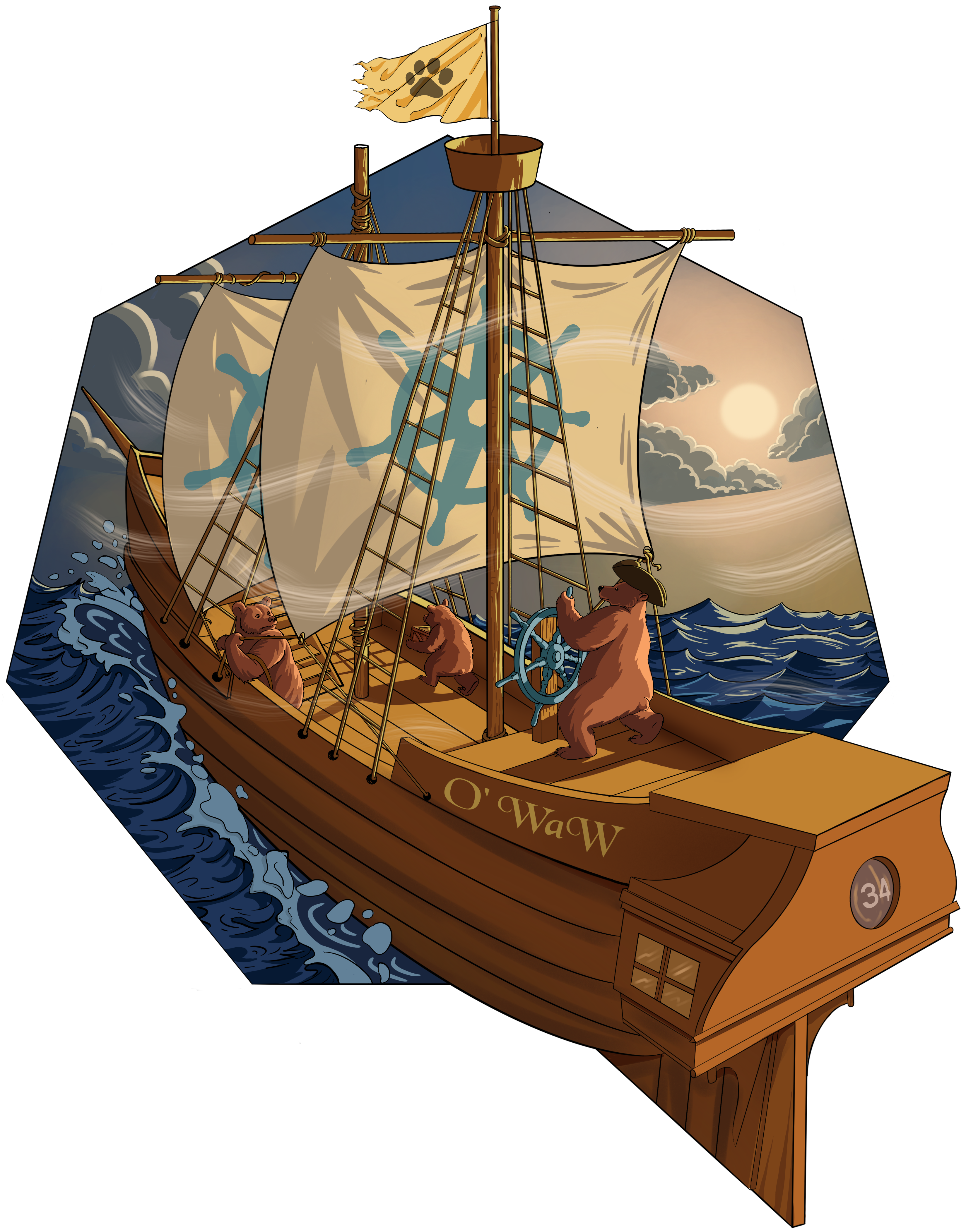 Kubernetes v1.34 logo: Three bears sail a wooden ship with a flag featuring a paw and a helm symbol on the sail, as wind blows across the ocean